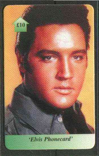 Telephone Card - Elvis 10 phone card #02 showing early portrait of Elvis in black shirt, stamps on elvis      pops      entertainments    music