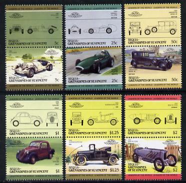 St Vincent - Bequia 1985 Cars #3 (Leaders of the World) set of 12 unmounted mint, stamps on , stamps on  stamps on cars    racing cars    hudson    vanwall    fiat     benz blitzen    excalibur    lanchester