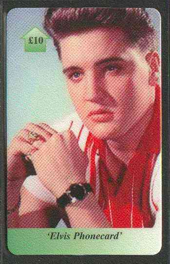 Telephone Card - Elvis 10 phone card #03 showing Elvis in Red & White shirt, stamps on elvis      pops      entertainments    music