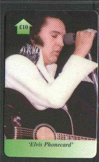 Telephone Card - Elvis 10 phone card #05 showing Elvis with guitar facing right, stamps on elvis, stamps on pops, stamps on entertainments, stamps on music, stamps on guitar, stamps on musical instruments
