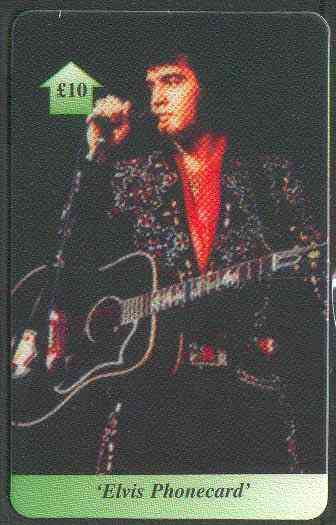 Telephone Card - Elvis £10 phone card #06 showing Elvis with guitar facing left, stamps on elvis, stamps on pops, stamps on entertainments, stamps on music, stamps on guitar, stamps on musical instruments