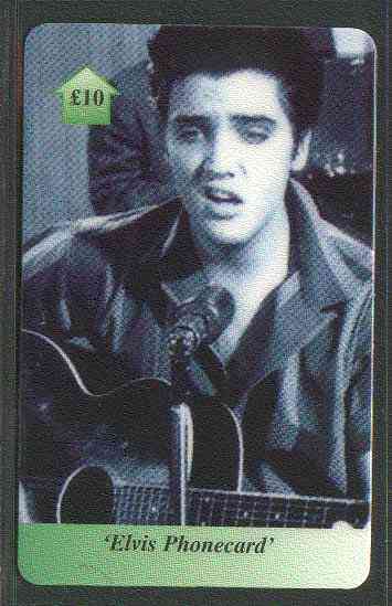 Telephone Card - Elvis £10 phone card #09 showing Elvis with guitar (in black & white), stamps on elvis, stamps on pops, stamps on entertainments, stamps on music, stamps on guitar, stamps on musical instruments