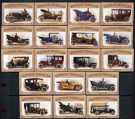 Match Box Labels - complete set of 18 Vintage Vehicles (Cars) superb unused condition (Cornish Match Co - average count 50), stamps on , stamps on  stamps on cars    lanchester     mercedes    talbot     buses    de dion     delaunay    mors      wite    minerva     renault     crossley     adams     de dietrich      fiat    panhard    humber     daimler     electromobile