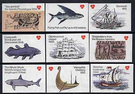 Match Box Labels - complete set of 9 'Of the Sea' (Fish & Ships) superb unused condition (Danish), stamps on , stamps on  stamps on ships    fish    vikings