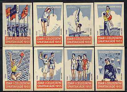 Match Box Labels - complete set of 8 Youth Sports superb unused condition (Czechoslovakian issued in 1955), stamps on sorts    gymnastics      parachutes, stamps on  gym , stamps on gymnastics, stamps on 