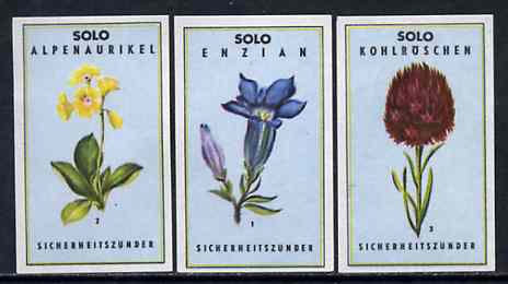 Match Box Labels - complete set of 3 Flowers superb unused condition (Austrian Solo series), stamps on , stamps on  stamps on flowers