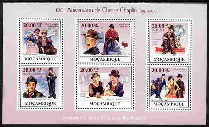Mozambique 2009 120th Anniversary of Charlie Chaplin perf sheetlet containing 6 values unmounted mint, stamps on , stamps on  stamps on personalities, stamps on  stamps on comedy, stamps on  stamps on films, stamps on  stamps on cinema, stamps on  stamps on movies, stamps on  stamps on , stamps on  stamps on comedy, stamps on  stamps on chaplin