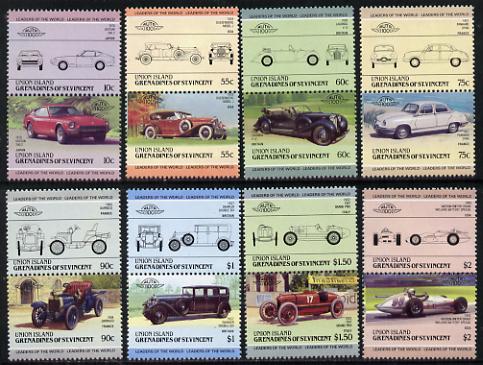 St Vincent - Union Island 1985 Cars #3 (Leaders of the World) set of 16 unmounted mint, stamps on , stamps on  stamps on cars    duesenberg    fiat    datsun    panhard     daimler    watson     darracq    laganda