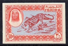 Fujeira 1963 imperf essay of 30np Leopard in red & blue on unwatermarked paper unmounted mint (Designed by M Arthur & produced by NCR litho at the same time as the first issue of Dubai but never issued), stamps on , stamps on  stamps on animals    cats    leopard