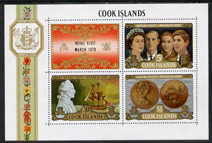 Cook Islands 1970 Royal Visit m/sheet unmounted mint SG MS 331, stamps on , stamps on  stamps on coins, stamps on  stamps on royalty, stamps on  stamps on cook, stamps on  stamps on explorers, stamps on  stamps on ships, stamps on  stamps on royal visit