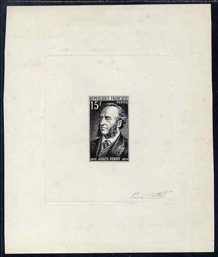 France 1951 Jules Ferry (statesman) imperf die proof in black on sunken card signed by designer, slight soiling but rare, as SG1108, stamps on personalities, stamps on constitutions