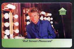 Telephone Card - Rod Stewart 10 phone card #2 showing Rod in his dressing room, stamps on pops      entertainments    music   