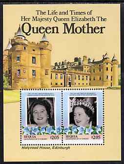 St Vincent - Bequia 1985 Life & Times of HM Queen Mother m/sheet featuring Holyrood House unmounted mint, stamps on , stamps on  stamps on royalty      queen mother     buildings