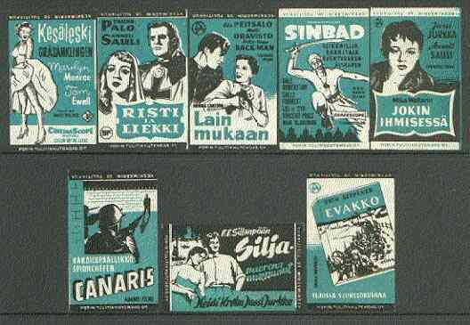 Match Box Labels - complete set of 8 Film Posters (incl Marilyn Monroe & Sinbad) superb unused condition (Finland Porin Match Co issued in 1956), stamps on films    cinema     marilyn monroe