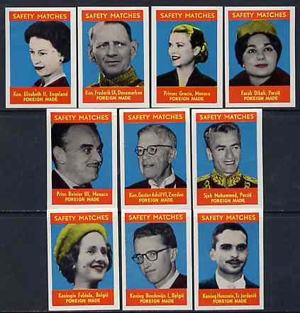 Match Box Labels - complete set of 10 World Royalty superb unused condition (Belgian), stamps on royalty
