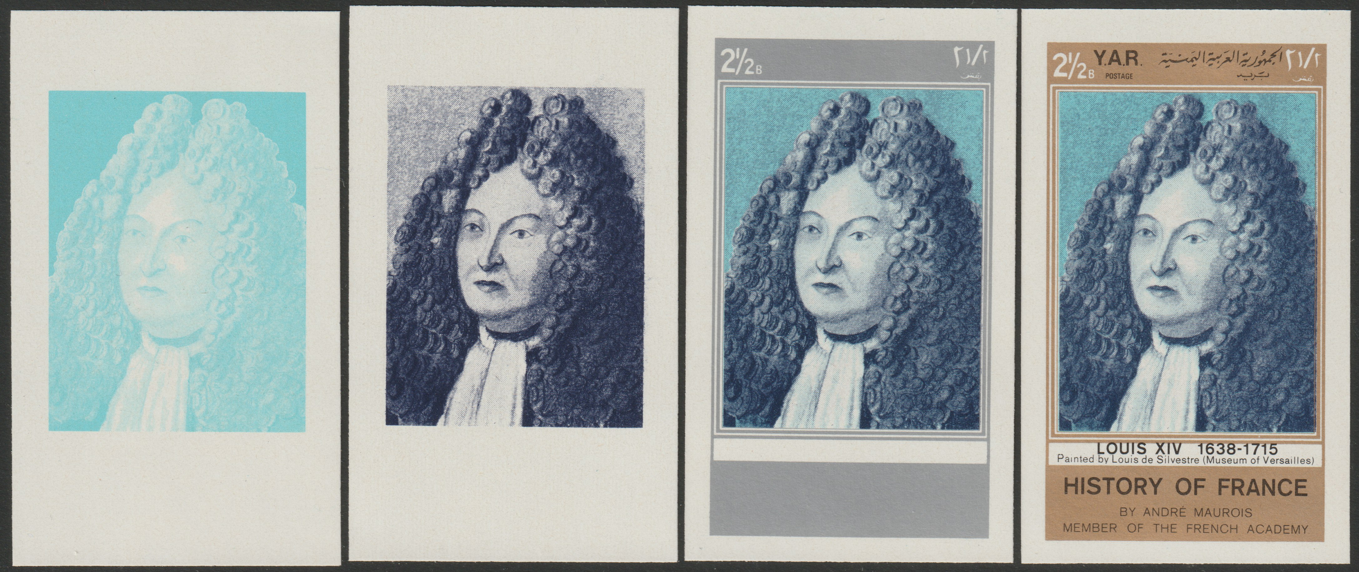 Yemen - Republic 1969 History of France 2.5B Louis XIV set of 4 imperf progressive colour proofs comprising two single colours, 3-colour & all 4 colour composites unmounted mint, as Mi 1034, stamps on , stamps on  stamps on personalities     royalty