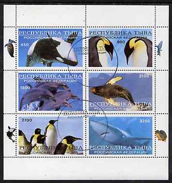 Touva 1998 Whales, Shark & Penguins sheetlet containing complete perf set of 6 values, cto used, stamps on polar    whales    penguins     fish