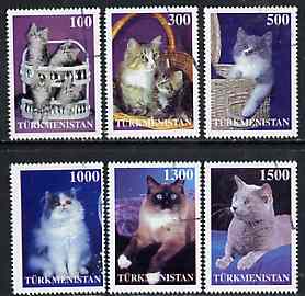 Turkmenistan 1998 Domestic Cats  perf set of 6 values very fine cto used (Scout logo in margin)*, stamps on , stamps on  stamps on cats    animals    scouts