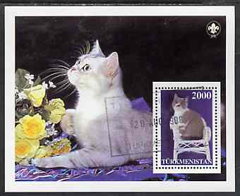 Turkmenistan 1998 Domestic Cats  perf m/sheet Very fine cto used (with Scout logo in corner), stamps on cats    animals    scouts