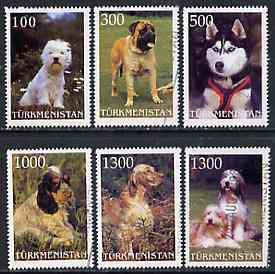 Turkmenistan 1998 Dogs  perf set of 6 values very fine cto used*, stamps on , stamps on  stamps on dogs     siberian husky     cocker spaniel    english setter     bearded collie     westie    mastiff