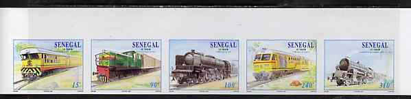 Senegal 1997 Locomotives complete set of 5 in superb unmounted mint imperf se-tenant strip from limited printing, stamps on , stamps on  stamps on railways