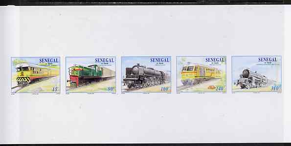 Senegal 1997 Locomotives complete set of 5 (Se-tenant strip) deluxe sheet on thin card, stamps on railways