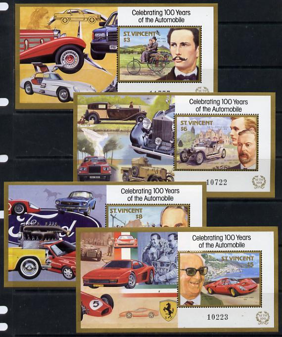 St Vincent 1987 Centenary of Motoring (with Designers) set of 4 m/sheets unmounted mint SG MS 1089, stamps on , stamps on  stamps on cars, stamps on  stamps on personalities, stamps on  stamps on transport, stamps on  stamps on ford, stamps on  stamps on benz, stamps on  stamps on ferrari, stamps on  stamps on rolls royce