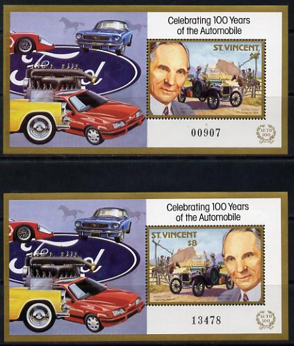 St Vincent 1987 Centenary of Motoring the unissued $8 m/sheet showing Henry Ford facing right (plus normal) Note this design was intended for issue until it was noticed that the face value was masked by the background, the portrait and value were thus transposed on the issued sheet, both sheets unmounted mint, stamps on cars, stamps on personalities, stamps on transport, stamps on masonics, stamps on masonry