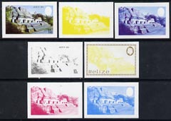 Belize 1983 Maya Monuments 10c (Altun Ha) x 7 imperf progressive proofs comprising the 4 main individual colours, plus 3 combination composites unmounted mint, as SG 747, stamps on , stamps on  stamps on buildings   monuments  tourism    civil engineering