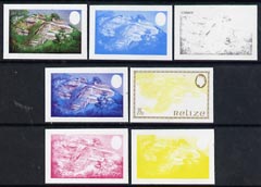 Belize 1983 Maya Monuments 75c (Cerros) x 7 imperf progressive proofs comprising the 4 main individual colours, plus 3 combination composites unmounted mint, as SG 747, stamps on , stamps on  stamps on buildings   monuments  tourism    civil engineering