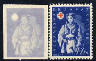 Croatia 1942 Red Cross Fund imperf proof of 4k + 2k in pale blue only (on ungummed paper) plus perforated issued stamp, stamps on , stamps on  stamps on red cross