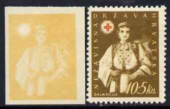 Croatia 1942 Red Cross Fund imperf proof of 10k + 5k in yellow-brown only (on ungummed paper) plus perforated issued stamp, stamps on , stamps on  stamps on red cross