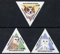 Cinderella - Rattlesnake Island (USA) 1989 Owls set of 3 triangulars unmounted mint, stamps on birds, stamps on birds of prey, stamps on owls, stamps on triangulars