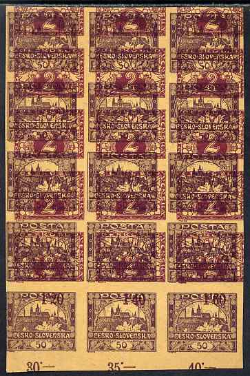 Czechoslovakia 1918 Hradcany 50h imperf proof block of 15 in purple doubly printed with Newspaper Express 2h in lilac, on ungummed buff paper, as SG 11 & E24, stamps on , stamps on  stamps on tourism, stamps on  stamps on 