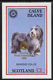 Calve Island 1998 Rotary Int opt in gold on 1984 Rotary - Bearded Collie imperf deluxe sheet (£2 value) unmounted mint, stamps on animals  dogs  rotary   collie
