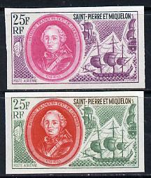 St Pierre & Miquelon 1970 Celebrities 25f Etienne Francois & Warships two different IMPERF colour trial proofs unmounted mint (SG 488), stamps on personalities  ships