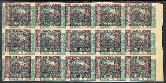 Czechoslovakia 1919 Hradcany 25h imperf proof block of 15 in purple doubly printed with 5h in green, on ungummed grey paper, as SG 24 & 28, stamps on tourism, stamps on 