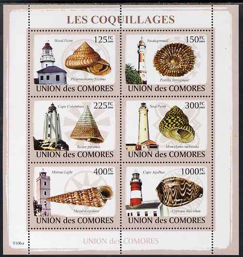 Comoro Islands 2009 Lighthouses & Shells perf sheetlet containing 6 values unmounted mint, stamps on , stamps on  stamps on lighthouses, stamps on  stamps on shells, stamps on  stamps on marine life