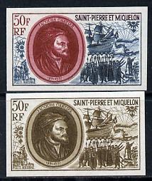 St Pierre & Miquelon 1970 Celebrities 50f Jacques Cartier & Grande Hermine two different IMPERF colour trial proofs unmounted mint (SG 489), stamps on , stamps on  stamps on personalities  ships