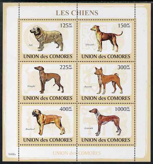 Comoro Islands 2009 Dogs perf sheetlet containing 6 values unmounted mint, stamps on , stamps on  stamps on dogs