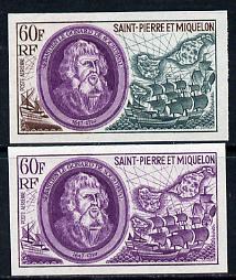 St Pierre & Miquelon 1970 Celebrities 60f Sebastien Le Gonard de Sourdeval & 17th cent French Galleons two different IMPERF colour trial proofs unmounted mint (SG 490), stamps on personalities  ships