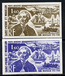 St Pierre & Miquelon 1972 Revaluation 1f60 Montcalm & Warships two different IMPERF colour trial proofs unmounted mint (SG 513), stamps on , stamps on  stamps on personalities  ships