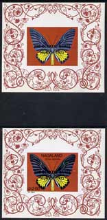 Nagaland 1971 Butterfly (Helena Birdwing) imperf Miniature sheet (2ch value) opt'd PRE-OLYMPIC GAMES, MUNICH 1972 with Nagaland & value omitted, plus normal both unmounted mint, stamps on , stamps on  stamps on butterflies       olympics