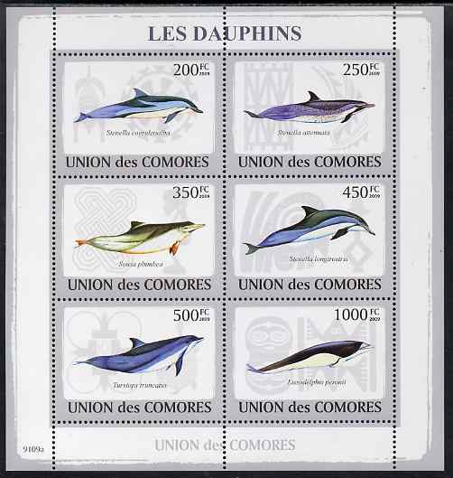 Comoro Islands 2009 Dolphins perf sheetlet containing 6 values unmounted mint, stamps on , stamps on  stamps on dolphins.marine life