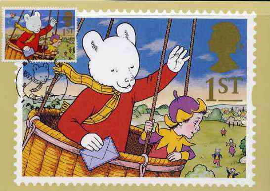 Great Britain 1994 Rupert Bear in Balloon maximum card with appropriate stamp tied by special Rupert Bearsden first day cancel, stamps on cartoons, stamps on children, stamps on toys, stamps on balloons, stamps on teddy bears