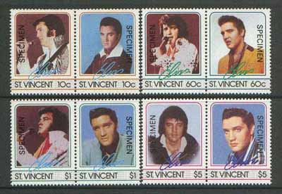 St Vincent 1985 Elvis Presley set of 8 opt'd SPECIMEN unmounted mint as SG 919-26, stamps on , stamps on  stamps on music     personalities        elvis  entertainments     films    cinema