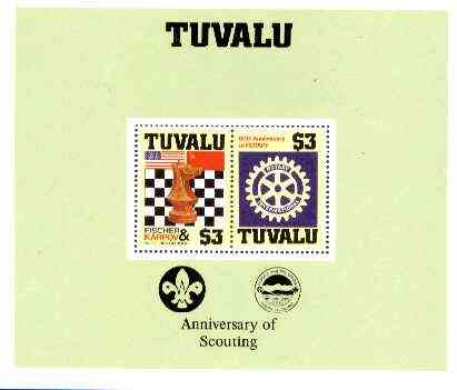 Tuvalu 1986 Events perf m/sheet showing Chess, Rotary, Scout Anniversary with plain border unmounted mint (as SG MS 376), stamps on chess, stamps on rotary, stamps on scouts