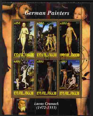 Malawi 2010 Art - German Painters - Cranach perf sheetlet containing 6 values fine cto used, stamps on arts, stamps on nudes, stamps on cranach