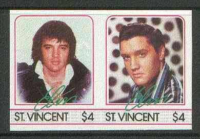 St Vincent 1985 Elvis Presley the unissued $4 imperf se-tenant pair (similar to issued $5 but different background) unmounted mint, stamps on music     personalities        elvis  entertainments     films    cinema