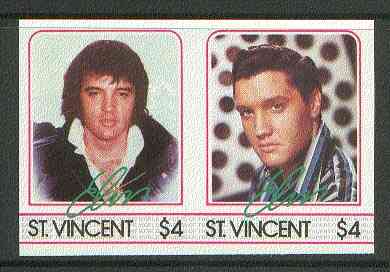 St Vincent 1985 Elvis Presley the unissued $4 imperf se-tenant pair (similar to issued $5 but different background) unmounted mint, stamps on , stamps on  stamps on music     personalities        elvis  entertainments     films    cinema